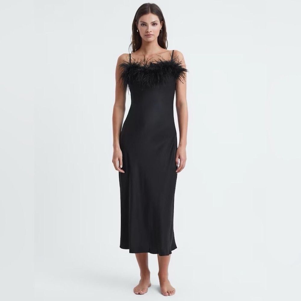 NWT 350.00 SMALL Sleeper Boheme Slip Dress With Feathers Black